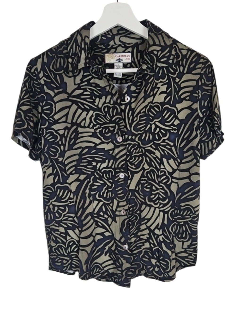 Caribbean Joe Women's Short Sleeve Button Down Shirt in Olive & Black Tropical M